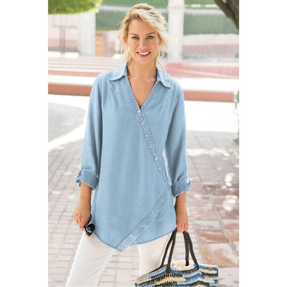 Soft Surroundings Washed Tencel Crossover Tunic Top Womens Medium Blue Chambray - Picture 1 of 9